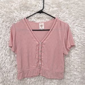SELF ESTEEM Pink Lace Button Up Crop Top